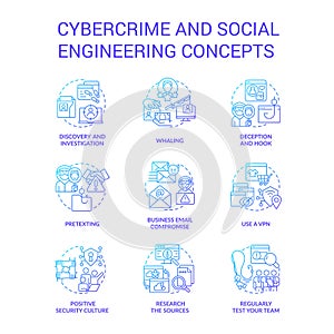 Cybercrime and social engineering blue gradient concept icons set