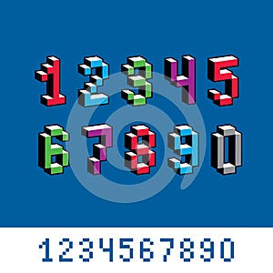 Cybernetic 3d numbers, pixel art vector numeration. Pixel design