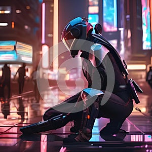 Cybernetic assassin, Ruthless cyborg assassin stalking its prey amidst a futuristic cityscape of neon lights and shadows1