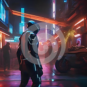 Cybernetic assassin, Ruthless cyborg assassin stalking its prey amidst a futuristic cityscape of neon lights and shadows2