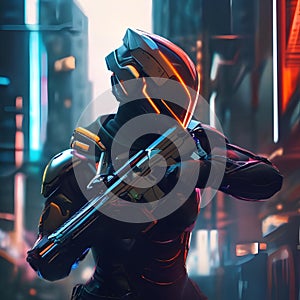 Cybernetic assassin, Ruthless cyborg assassin stalking its prey amidst a futuristic cityscape of neon lights and shadows3