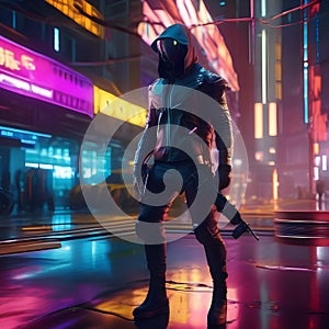 Cybernetic assassin, Ruthless cyborg assassin stalking its prey amidst a futuristic cityscape of neon lights and shadows5