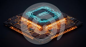Cybernetic CPU chip with glowing neon pathways