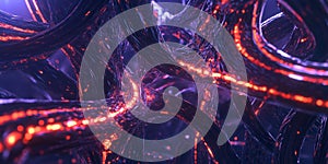A cybernetic 3D background depicting an intricate web of glowing data streams flowing through an