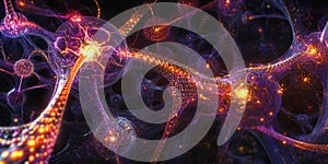 A cybernetic 3D background depicting an intricate web of glowing data streams flowing through an