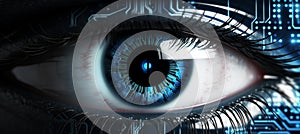 Cybernetic eye in dark technological environment cyborg vision on digital backdrop