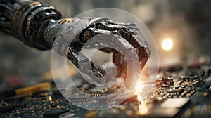 A cybernetic hand assembling components on a circuit board