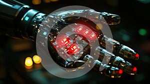 Cybernetic hand with red glowing elements in motion