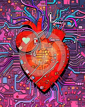 Cybernetic heart with interwoven circuitry, integration of technology and human emotion. Generative AI illustration