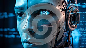 Cybernetic human face glowing blue eye robot android