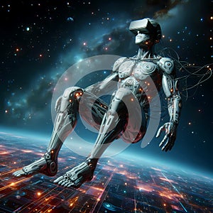 Cybernetic human floating in space photo