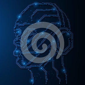 A cybernetic human head wearing headphones with a microphone.