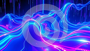 Cybernetic Landscape with Glowing Data Streams and Waves