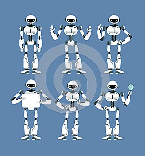 Cybernetic robot android with bionic arms and eyes in different poses. Cute cartoon scifi humanoid mascot set photo