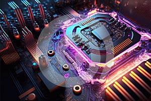 Cybernetic technology, motherboard with electronic circuits and CPU unit, Generative Ai