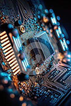 Cybernetic technology, motherboard with electronic circuits and CPU unit, Generative Ai