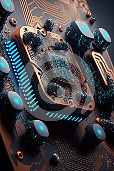 Cybernetic technology, motherboard with electronic circuits and CPU unit, Generative Ai