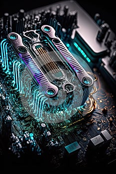 Cybernetic technology, motherboard with electronic circuits and CPU unit, Generative Ai