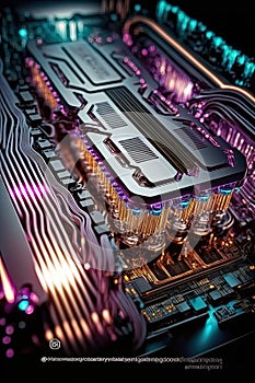 Cybernetic technology, motherboard with electronic circuits and CPU unit, Generative Ai