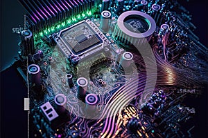 Cybernetic technology, motherboard with electronic circuits and CPU unit, Generative Ai