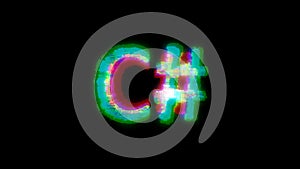 Cybernetic text C# with massive chromatic aberrations distortion, isolated - object 3D rendering