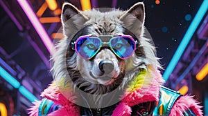 Cybernetic Werewolf: Sporting Silver Goggles and a Neon-Tinged Fur Coat photo