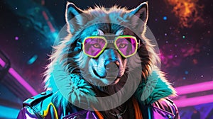 Cybernetic Werewolf: Sporting Silver Goggles and a Neon-Tinged Fur Coat photo