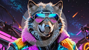Cybernetic Werewolf: Sporting Silver Goggles and a Neon-Tinged Fur Coat photo