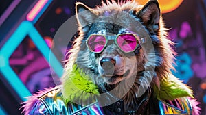 Cybernetic Werewolf: Sporting Silver Goggles and a Neon-Tinged Fur Coat photo