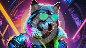 Cybernetic Werewolf: Sporting Silver Goggles and a Neon-Tinged Fur Coat photo