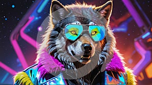 Cybernetic Werewolf: Sporting Silver Goggles and a Neon-Tinged Fur Coat photo