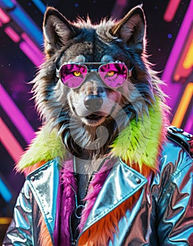 Cybernetic Werewolf: Sporting Silver Goggles and a Neon-Tinged Fur Coat photo