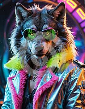 Cybernetic Werewolf: Sporting Silver Goggles and a Neon-Tinged Fur Coat photo