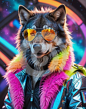 Cybernetic Werewolf: Sporting Silver Goggles and a Neon-Tinged Fur Coat photo