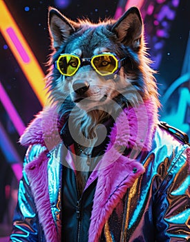 Cybernetic Werewolf: Sporting Silver Goggles and a Neon-Tinged Fur Coat photo