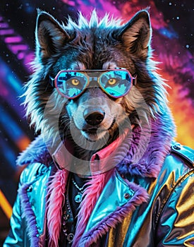 Cybernetic Werewolf: Sporting Silver Goggles and a Neon-Tinged Fur Coat photo