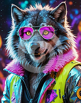 Cybernetic Werewolf: Sporting Silver Goggles and a Neon-Tinged Fur Coat photo