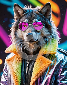 Cybernetic Werewolf: Sporting Silver Goggles and a Neon-Tinged Fur Coat photo