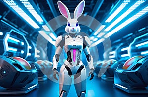 Cybernetics Style, Rabbit Robot and Easter Eggs, White Hare with Long Ears