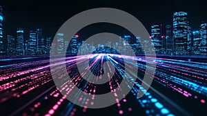 Cybernetwork Visualizing a Futuristic Cityscape with Illuminated Data Transfer Along Roadways