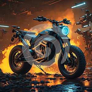 Cyberpunk 2077-Inspired Minimalist Off-Road Electric Motorbike - Hyper-Realistic Photography Style Featuring Futuristic Warrior