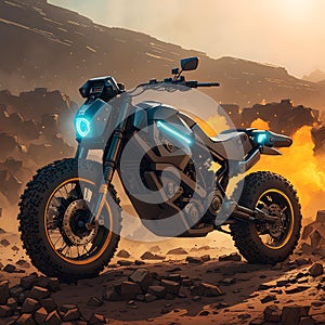 Cyberpunk 2077-Inspired Minimalist Off-Road Electric Motorbike - Hyper-Realistic Photography Style Featuring Futuristic Warrior