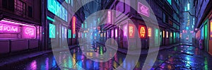 In a cyberpunk alley, neon signs cast a gritty glow on holographic graffiti, rain-soaked pavement glistens.
