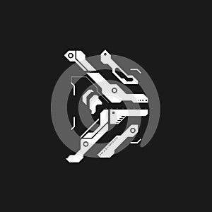 Cyberpunk arrow. Cyberpunk interface element. Futuristic pointer, direction. Tech style arrow for design of game UI