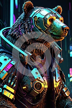 Cyberpunk bear with futuristic neon armor and cyber enhancements