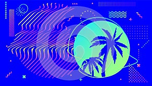 Cyberpunk bright blue background with palm trees in circle frame with wavy lines or stripes. Synthwave style