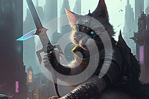 cyberpunk cat wielding futuristic weapon, with cityscape in the background