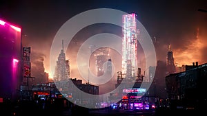 Cyberpunk city, abstract illustration, futuristic city, dystoptic artwork at night, 4k wallpaper,