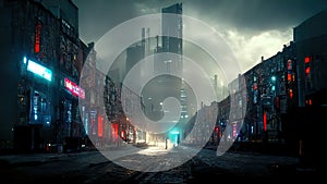 Cyberpunk city, abstract illustration, futuristic city, dystoptic artwork at night, 4k wallpaper,