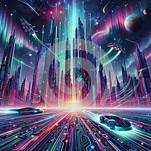 Cyberpunk city of the future, neon lights, unusual cars, night city